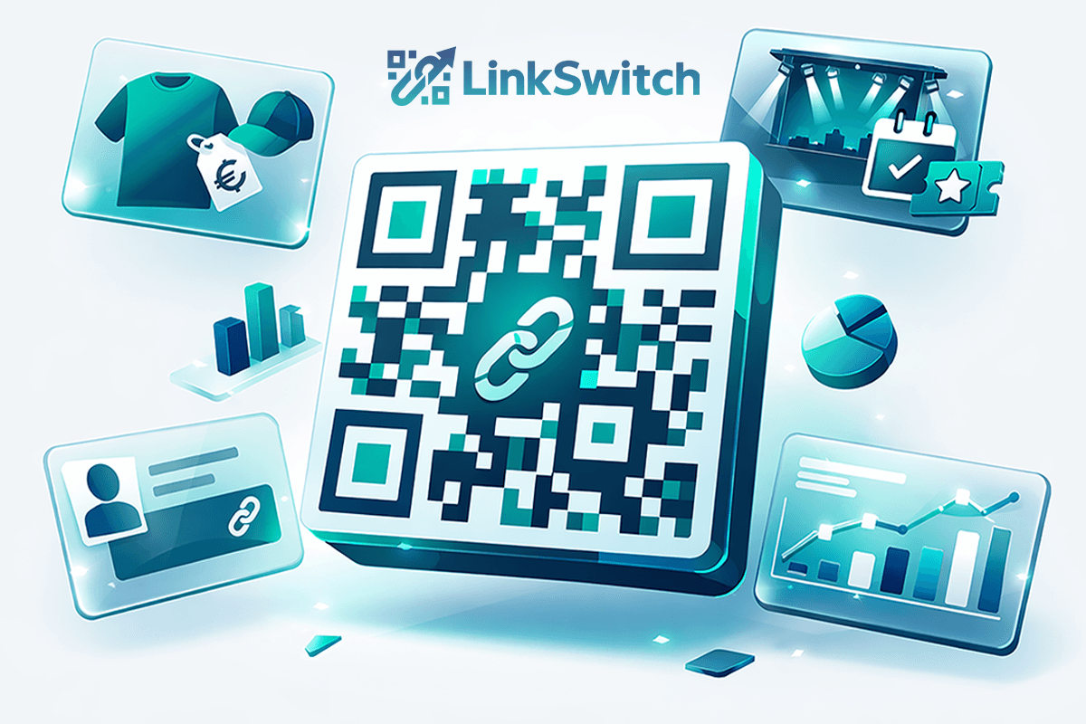 LINKSWITCH Hero-Bild mit QR-Code und Einsatzbereichen